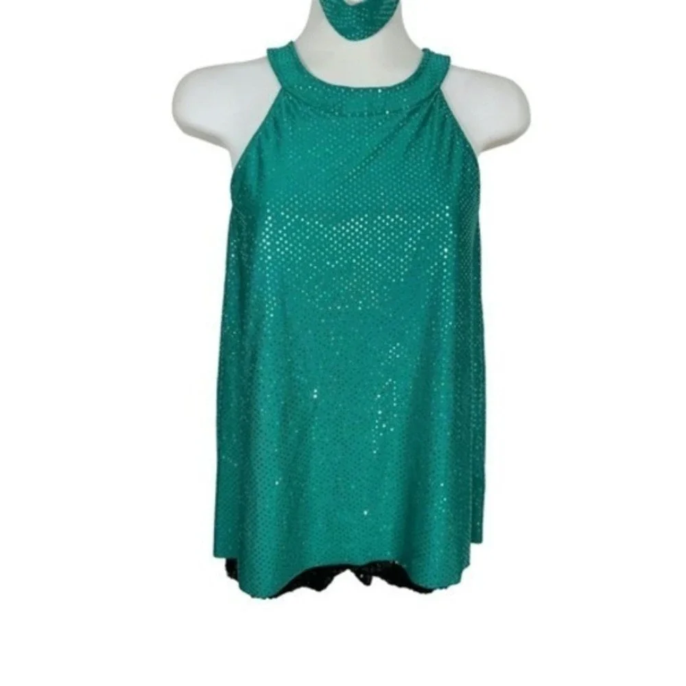 Revolution Dance Costume 2pc Teal Sequin Tunic Top Shorts Girls L Jazz Solo